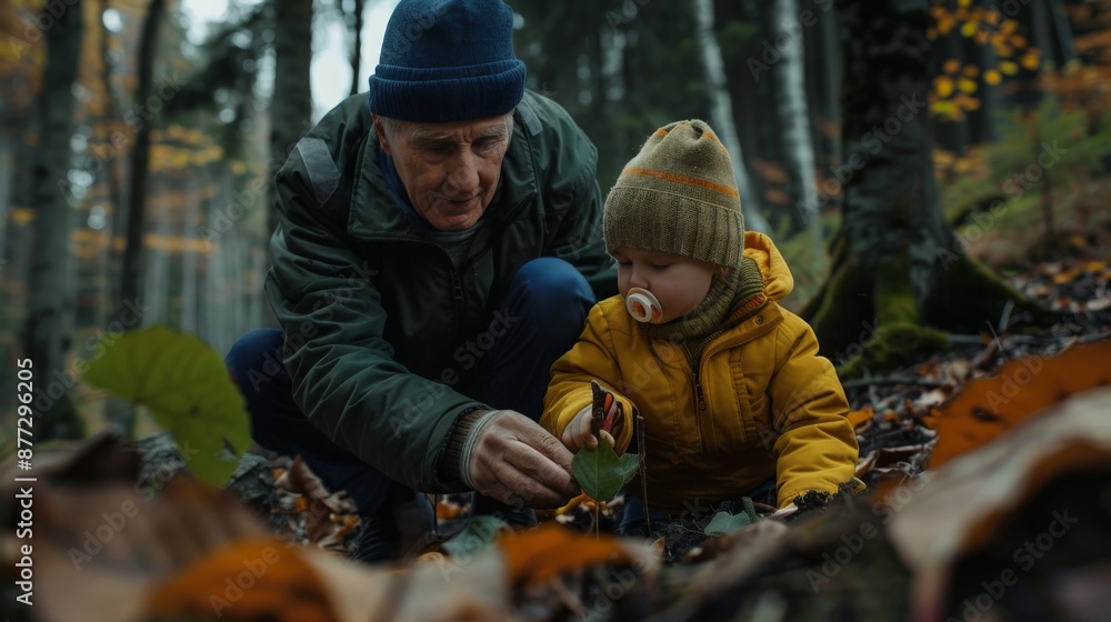 Grandfather and grandson plant a tree in the forest. Grandfather and grandson plant a tree in the forest.