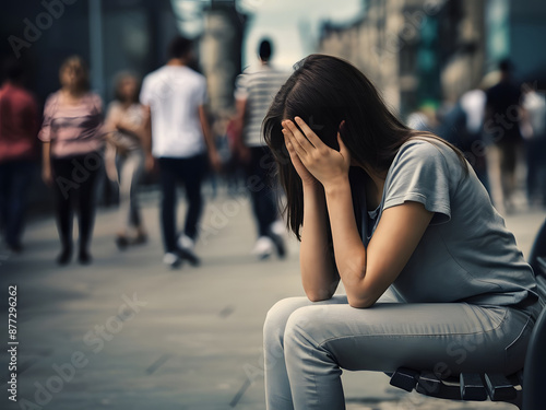 Una mujer joven sentada sola en un banco de la ciudad con el rostro oculto por las manos