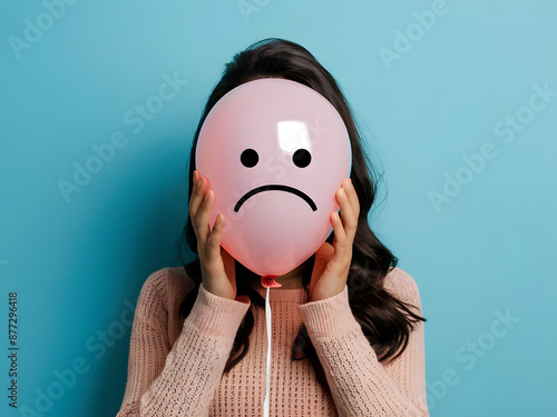 Mujer escondida detrás de un globo con una cara triste dibujada sobre fondo azul concepto de salud mental photo