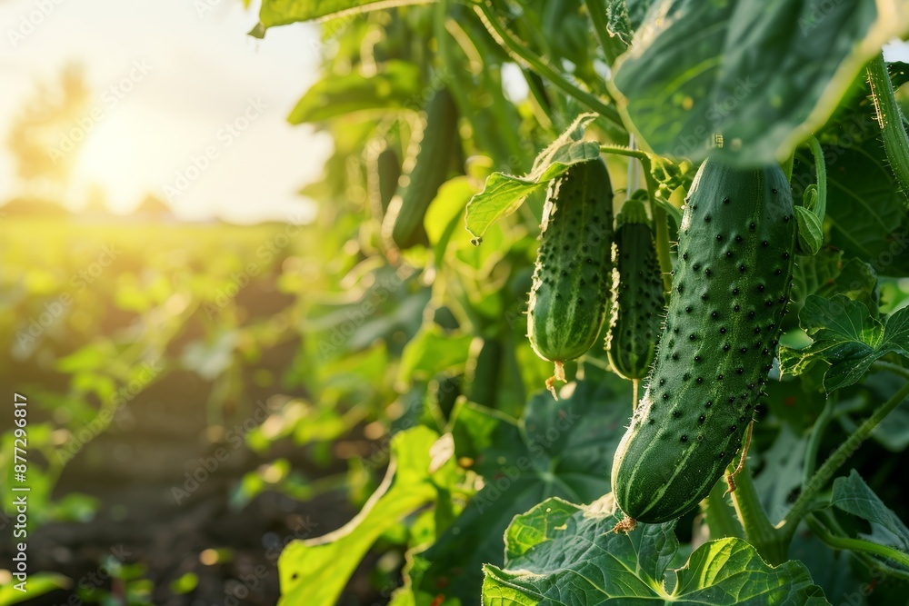 Close-up of Ripe Cucumbers on Vine in Sunny Field - Perfect for Agricultural and Gardening Designs Close-up of Ripe Cucumbers on Vine in Sunny Field - Perfect for Agricultural and Gardening Designs