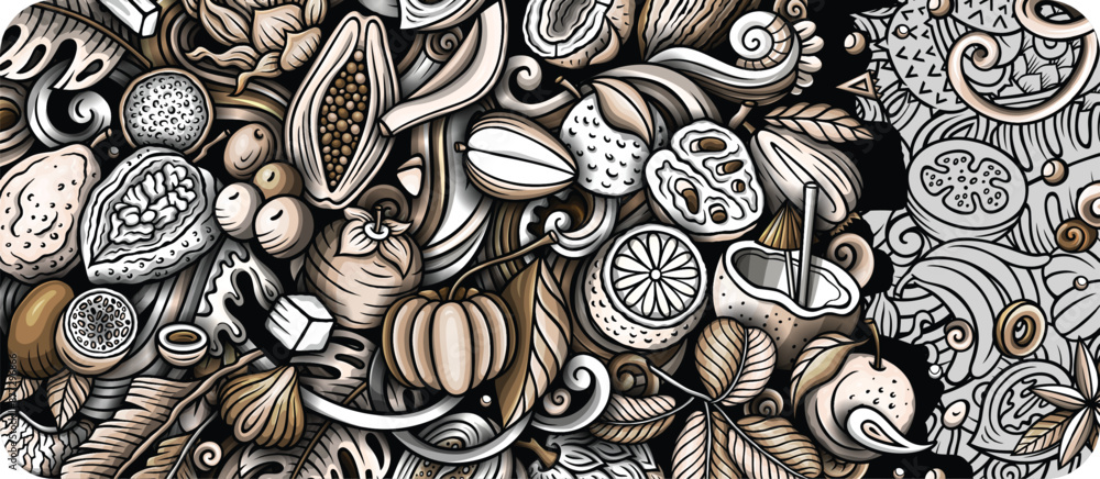 Cartoon vector doodle Tropical Fruits banner Cartoon vector doodle Tropical Fruits banner