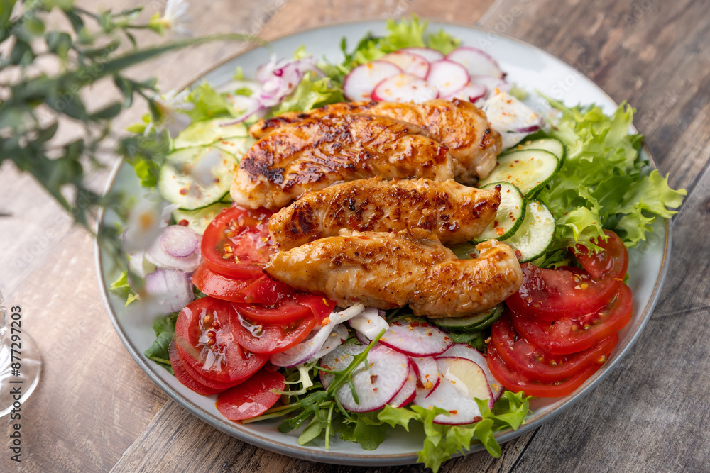 Warm salad with baked chicken breast and fresh vegetables, dressed with olive oil on a wooden background. Home kitchen in rustic style. Hearty delicious food. Selective focus, close-up. Warm salad with baked chicken breast and fresh vegetables, dressed with olive oil on a wooden background. Home kitchen in rustic style. Hearty delicious food. Selective focus, close-up.
