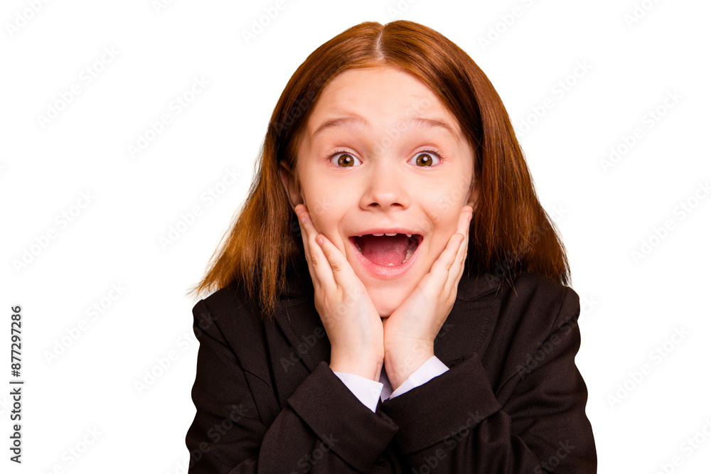 Close-up portrait of her she nice attractive cute girlish cheerful cheery crazy overjoyed pre-teen girl wearing formal wear opened mouth good news isolated over beige pastel background Close-up portrait of her she nice attractive cute girlish cheerful cheery crazy overjoyed pre-teen girl wearing formal wear opened mouth good news isolated over beige pastel background