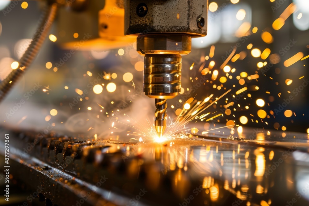 Close-Up of Power Drill Metalwork with Sparks Flying in Industrial Workshop Close-Up of Power Drill Metalwork with Sparks Flying in Industrial Workshop