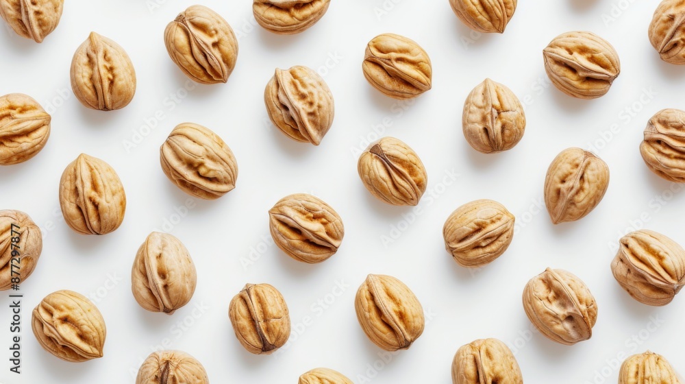 Neatly arrange walnuts in a visually appealing pattern on a white background Neatly arrange walnuts in a visually appealing pattern on a white background