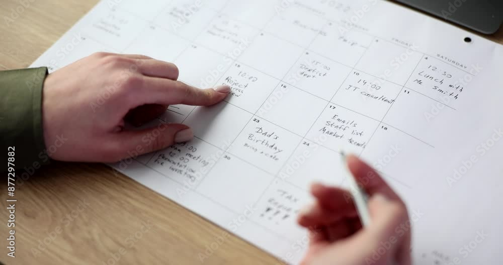Female manager checks schedule on paper sheet with month calendar at table. Woman points finger on day reading written tasks slow motion Female manager checks schedule on paper sheet with month calendar at table. Woman points finger on day reading written tasks slow motion