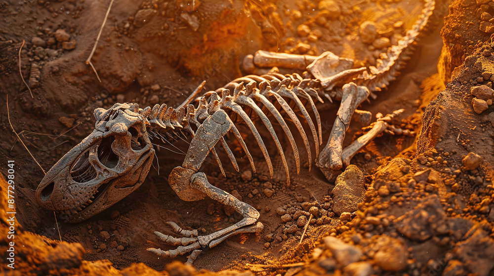 Fototapeta premium Excavation of a dinosaur skeleton at the excavation site, fossilized bones are visible on the ground. Excavation concept
