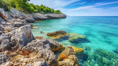 Rocky coastline on a pristine beach with crystal clear turquoise water