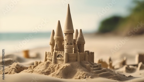 tiny sand castle on the blurred sea coast