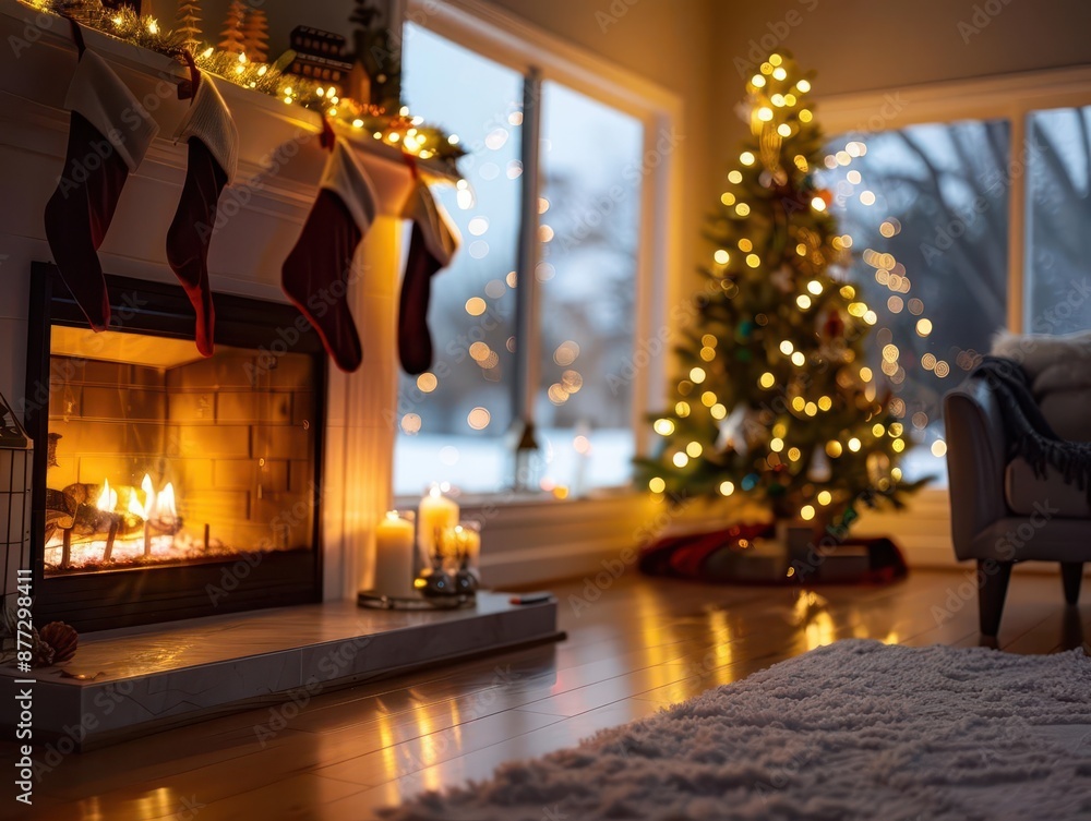 Naklejka premium cozy christmas hearth warmly lit living room with a crackling fireplace decorated christmas tree and stockings soft focus fairy lights and a snowy window view creating a festive ambiance