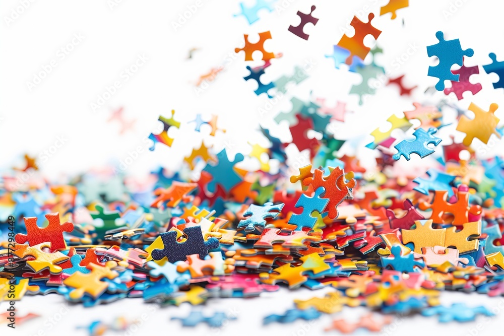 High resolution graph of colorful jigsaw puzzles falling down, isolated on a clear white background, vibrant colors, pieces scattering in mid air, sharp focus on the puzzle pieces, High resolution graph of colorful jigsaw puzzles falling down, isolated on a clear white background, vibrant colors, pieces scattering in mid air, sharp focus on the puzzle pieces,