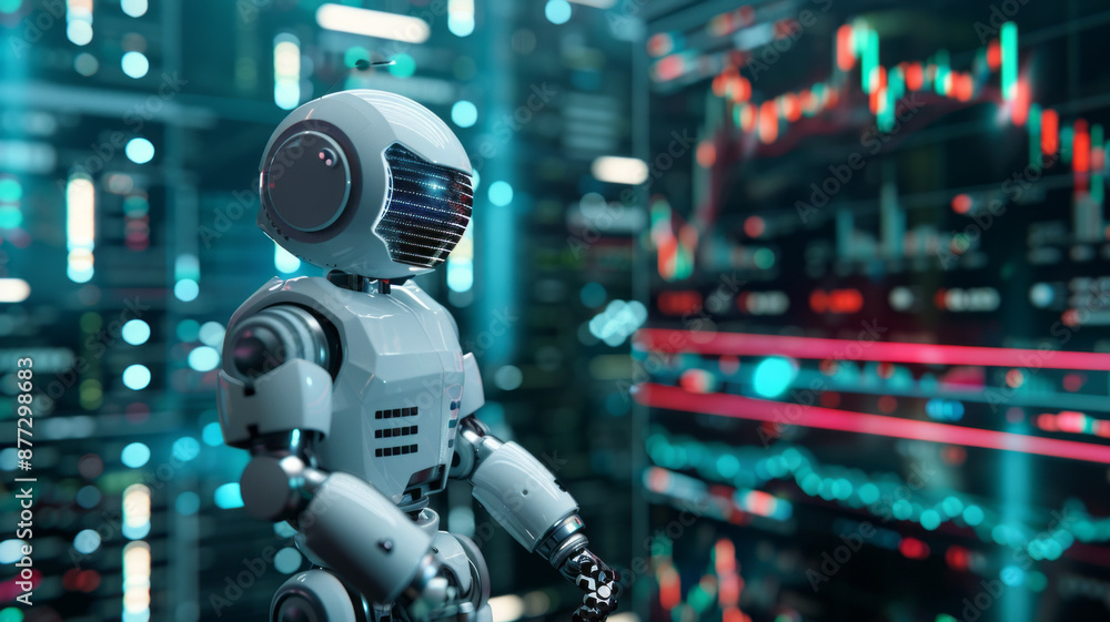 trading robot standing and analyzing the crypto trading graph, symbolizing the graph growth up and artificial intelligence for stock market analysisgenerative ai trading robot standing and analyzing the crypto trading graph, symbolizing the graph growth up and artificial intelligence for stock market analysisgenerative ai
