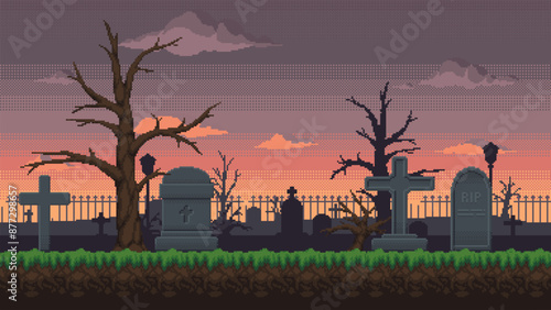 The background of the cemetery in pixel art style. Vector seamless landscape of graveyard with tombstones, crests, trees and fence against cloudy sky.