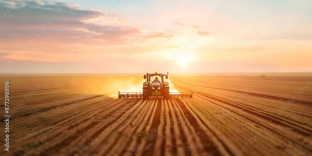Obraz premium Aerial view of tractor plowing fields at sunset showcasing modern farming technology. Concept Agricultural Innovation, Modern Farming, Sunset Scenery, Aerial Photography, Tractor Technology