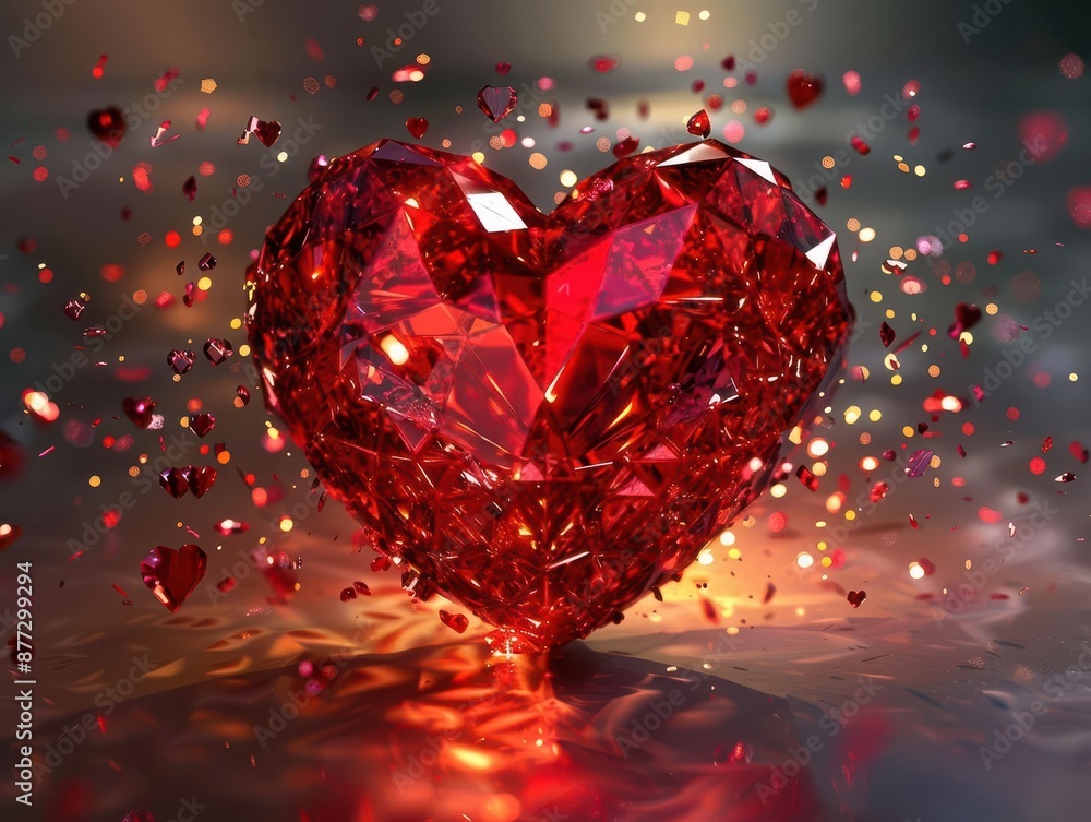 crystalline 3d heart bursting with vibrant red energy shimmering facets dynamic light refraction festive sparkles gradient background crystalline 3d heart bursting with vibrant red energy shimmering facets dynamic light refraction festive sparkles gradient background