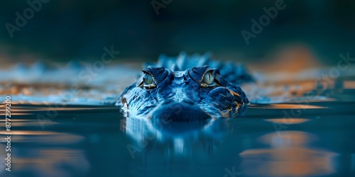 Panoramic twilight view of glowingeyed crocodile lurking at waters edge. Concept Wildlife Photography, Twilight Scenes, Mysterious Creatures, Animal Portraits, Dramatic Landscapes
