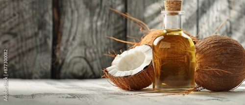 A glass bottle filled with golden coconut oil stands on a rustic wooden table, Two whole coconuts and a half-cut coconut are arranged around the bottle, showcasing the natural source of the oil.  photo