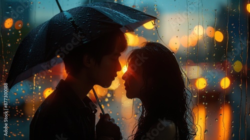 Couple sharing an umbrella on a rainy evening photo