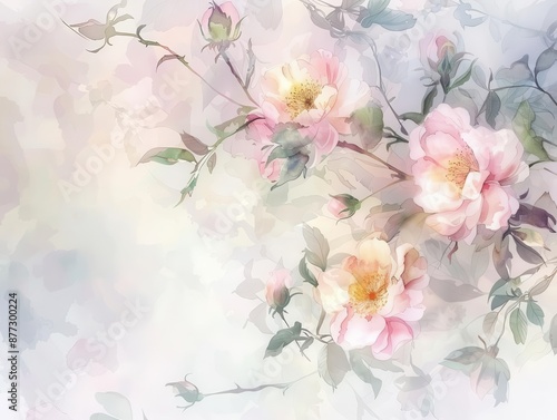 delicate watercolor floral arrangement soft pastel hues blending seamlessly creating dreamy and romantic atmosphere perfect for elegant invitation or greeting card design