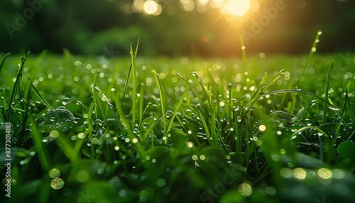 green grass with dew drops. Closeup of green grass as concept of ecosystem and preservation of nature. Botanical biology. Green grass as turn to green energy and renewable sources