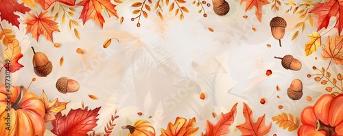 Autumn-themed background with colorful leaves, pumpkins, and acorns. Perfect for fall celebrations and Thanksgiving designs.