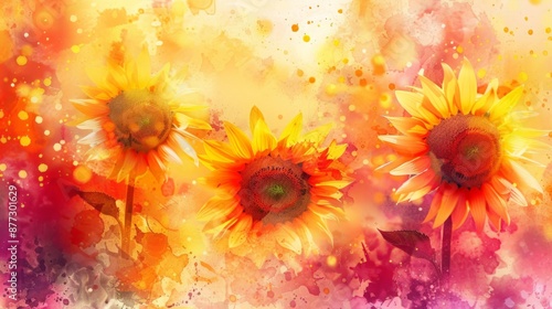 summer banner. soft focus. Vibrant watercolor illustration of sunflowers set against a warm, abstract background.