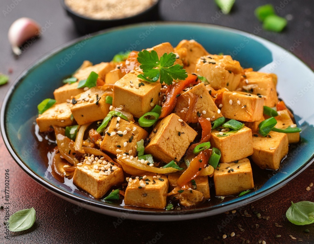 Homemade Stir fried tofu with sauce and spices Homemade Stir fried tofu with sauce and spices