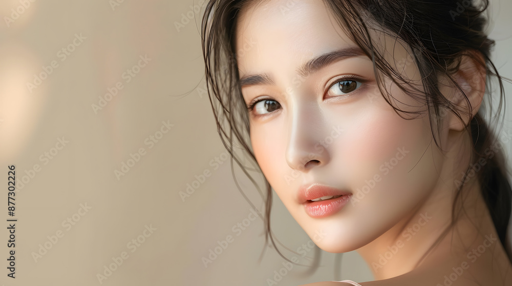 Close-up portrait of a young Asian woman with a natural glow and subtle makeup, highlighting flawless skin and serene expression. Close-up portrait of a young Asian woman with a natural glow and subtle makeup, highlighting flawless skin and serene expression.
