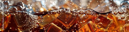 Cola with ice. Close-up of ice cubes in cola water. Texture of a carbonated drink with bubbles in the glass. Cola soda and ice splash, fizz or float to the surface. Cold drink background. 