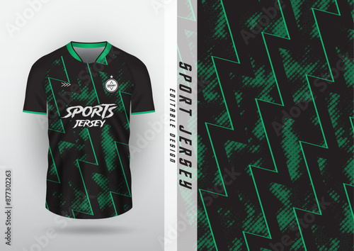 Jersey, outdoor sports design, jersey, football, futsal, running, racing, exercise, pattern, zigzag, halftone, black and green.