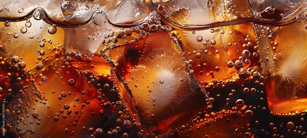 Cola with ice. Close-up of ice cubes in cola water. Texture of a carbonated drink with bubbles in the glass. Cola soda and ice splash, fizz or float to the surface. Cold drink background. Cola with ice. Close-up of ice cubes in cola water. Texture of a carbonated drink with bubbles in the glass. Cola soda and ice splash, fizz or float to the surface. Cold drink background.