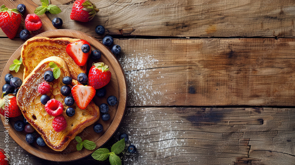 National French Toast Day concept. Delicious stack of French toast with fresh strawberries, blueberry, berries, honey and maple syrup on rustic wooden background. Copy space area for text National French Toast Day concept. Delicious stack of French toast with fresh strawberries, blueberry, berries, honey and maple syrup on rustic wooden background. Copy space area for text
