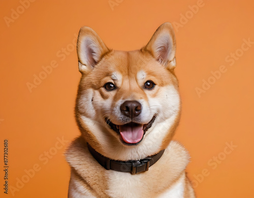 A Shiba Inu dog wearing a black collar smiles at the camera against a bright orange background. © mudasar
