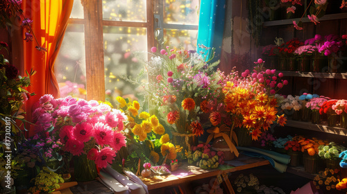A colorful flower shop with a window that lets in the sunlight © jr-art