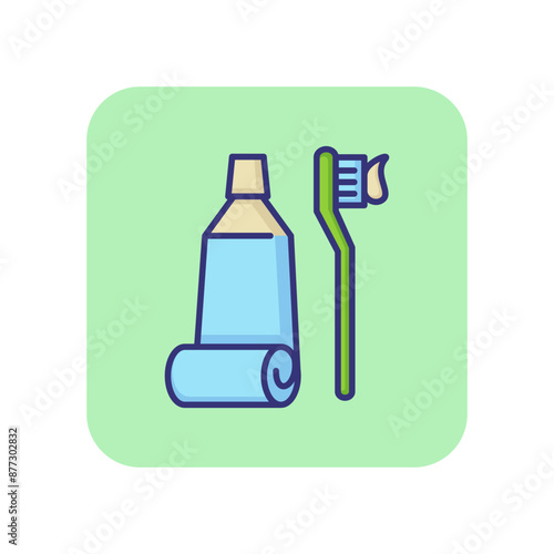 Toothpaste and toothbrush line icon. Dental care, hygiene, routine. Medicine concept. Vector illustration can be used for topics like dentistry, bathroom, products