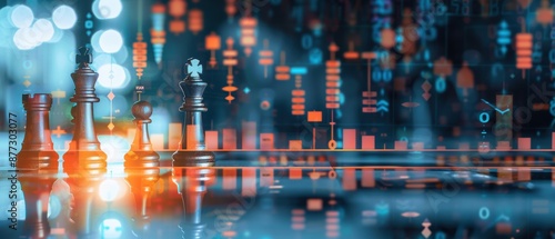 Chess pieces aligned with a digital business report in the background, double exposure, planning and analysis