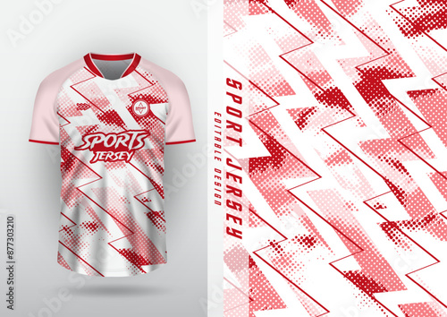 Jersey, outdoor sports design, jersey, football, futsal, running, racing, exercise, zigzag pattern, halftone, red and white.