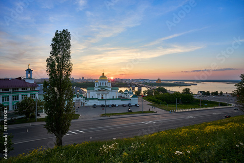 Evening view of Annunciation Monastery, Kanavinsky Bridge and Alexander Nevsky Cathedrall, Nizhny Novgorod, Russia