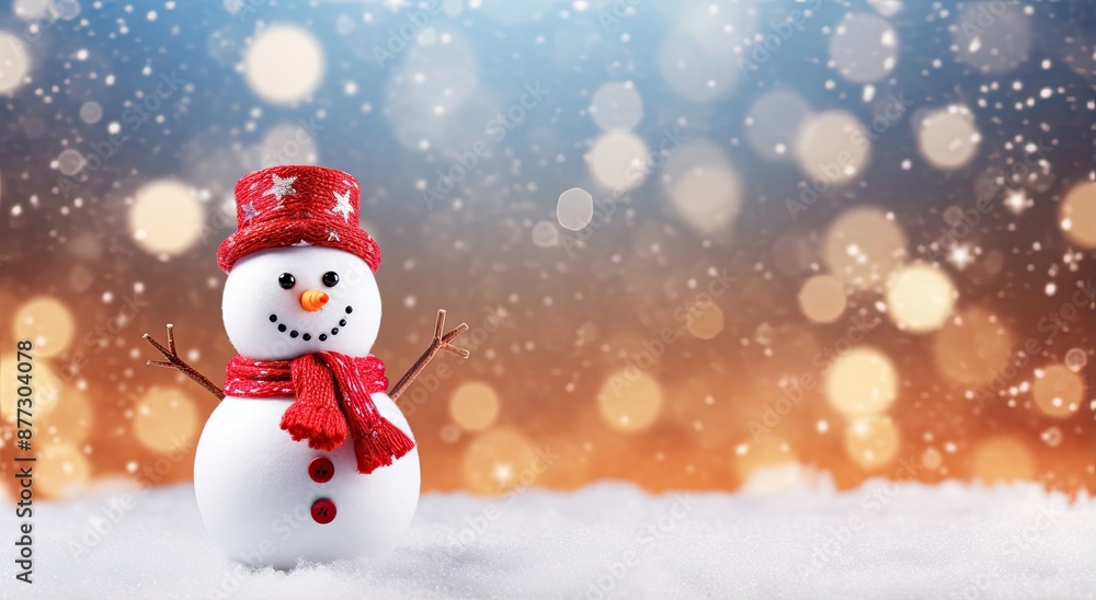 Festive snowman with red hat and scarf against a snowy, bokeh background. Festive snowman with red hat and scarf against a snowy, bokeh background.