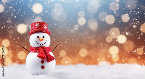 Festive snowman with red hat and scarf against a snowy, bokeh background.
