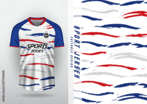Jersey design, outdoor sports, jersey, football, futsal, running, racing, exercise, sea wave pattern, grain, white, blue, red.