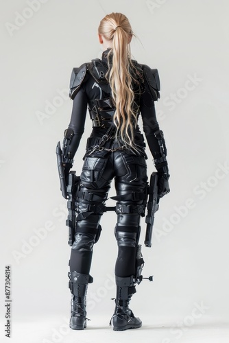 Portrait of a female soldier with tactical armour and a gun isolated on white background in full length.