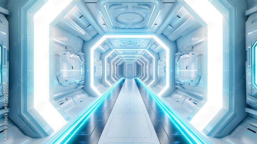 Infinite corridor interior of a futuristic space ship in 3D Infinite corridor interior of a futuristic space ship in 3D