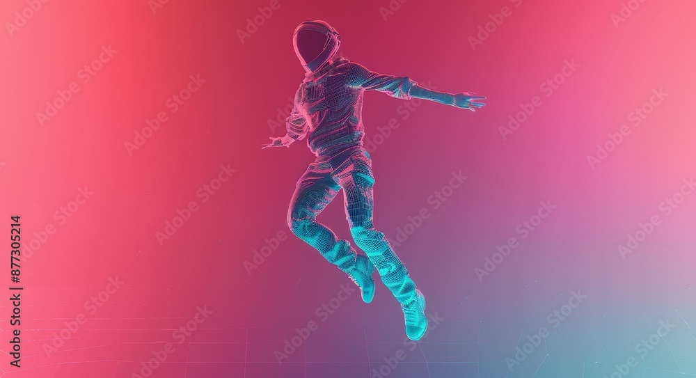 Obraz premium On a gradient purple and red background, a robot wireframe leaps