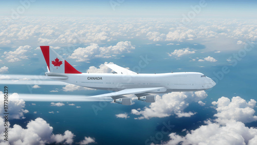 Commercial Airliner Passanger Plane Jumbo Jet Flying over Clouds with Country Flag Canada