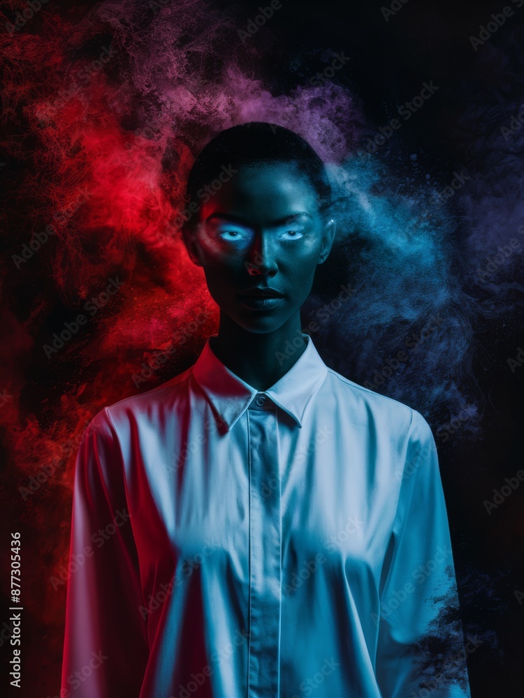 A woman with glowing eyes and a white shirt in front of smoke, AI A woman with glowing eyes and a white shirt in front of smoke, AI