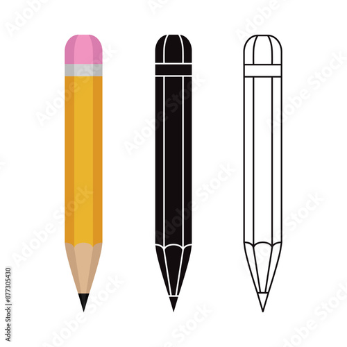 Seth pencil. Colored pencil icon, black pencil outline, black pencil silhouette. Vector illustration isolated on a white background for design and web.