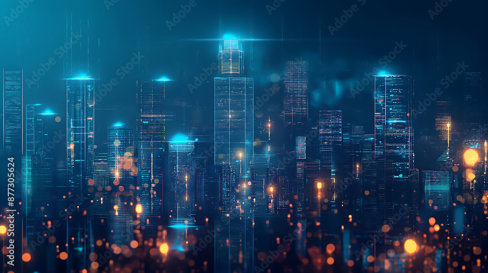 Digital technology background with digital cityscape and glowing hologram icons on blue gradient Digital technology background with digital cityscape and glowing hologram icons on blue gradient
