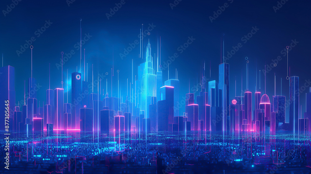 Digital technology background with digital cityscape and glowing hologram icons on blue gradient Digital technology background with digital cityscape and glowing hologram icons on blue gradient
