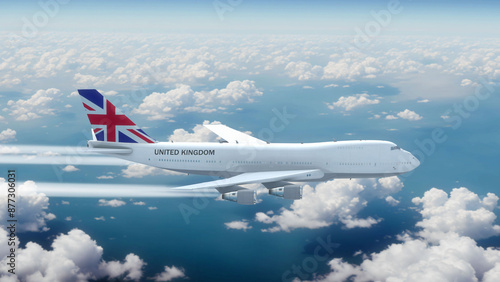 Commercial Airliner Passanger Plane Jumbo Jet Flying over Clouds with Country Flag United Kingdom